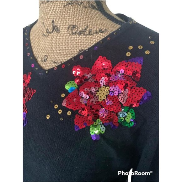 🍒 2/$20 🍒 Long Sleeve Black Holiday Sequin Sweater Small from Quaker Factory - Picture 3 of 4
